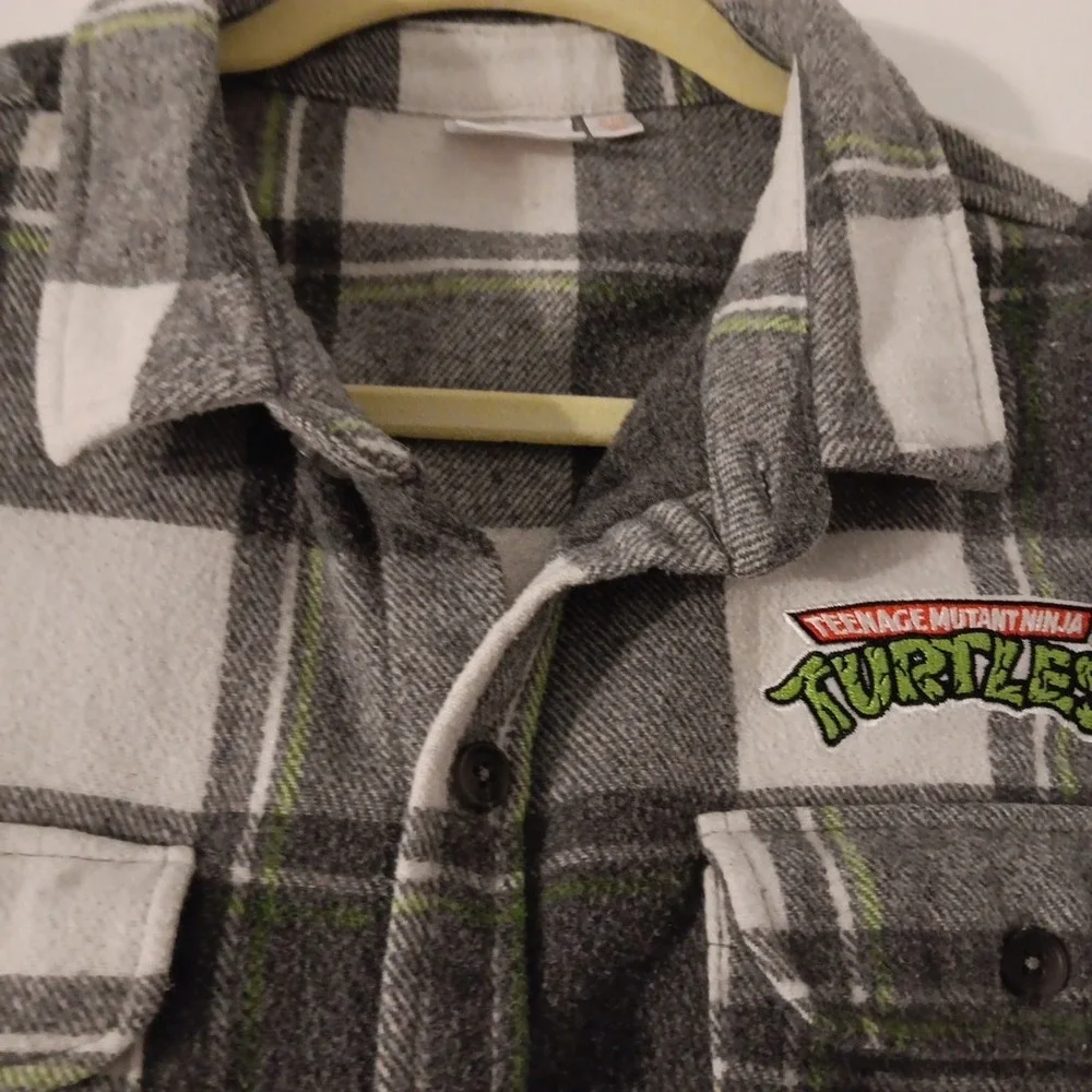 Nickelodeon Boys Flannel Shacket Sz. XL  Grey/White/Green‎ Ninja Turtles TMNT